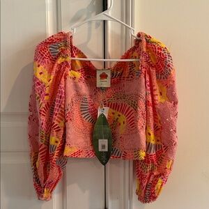 FARM Rio Pink Yellow Multi Lace-Trim Puff Sleeve Crop Top